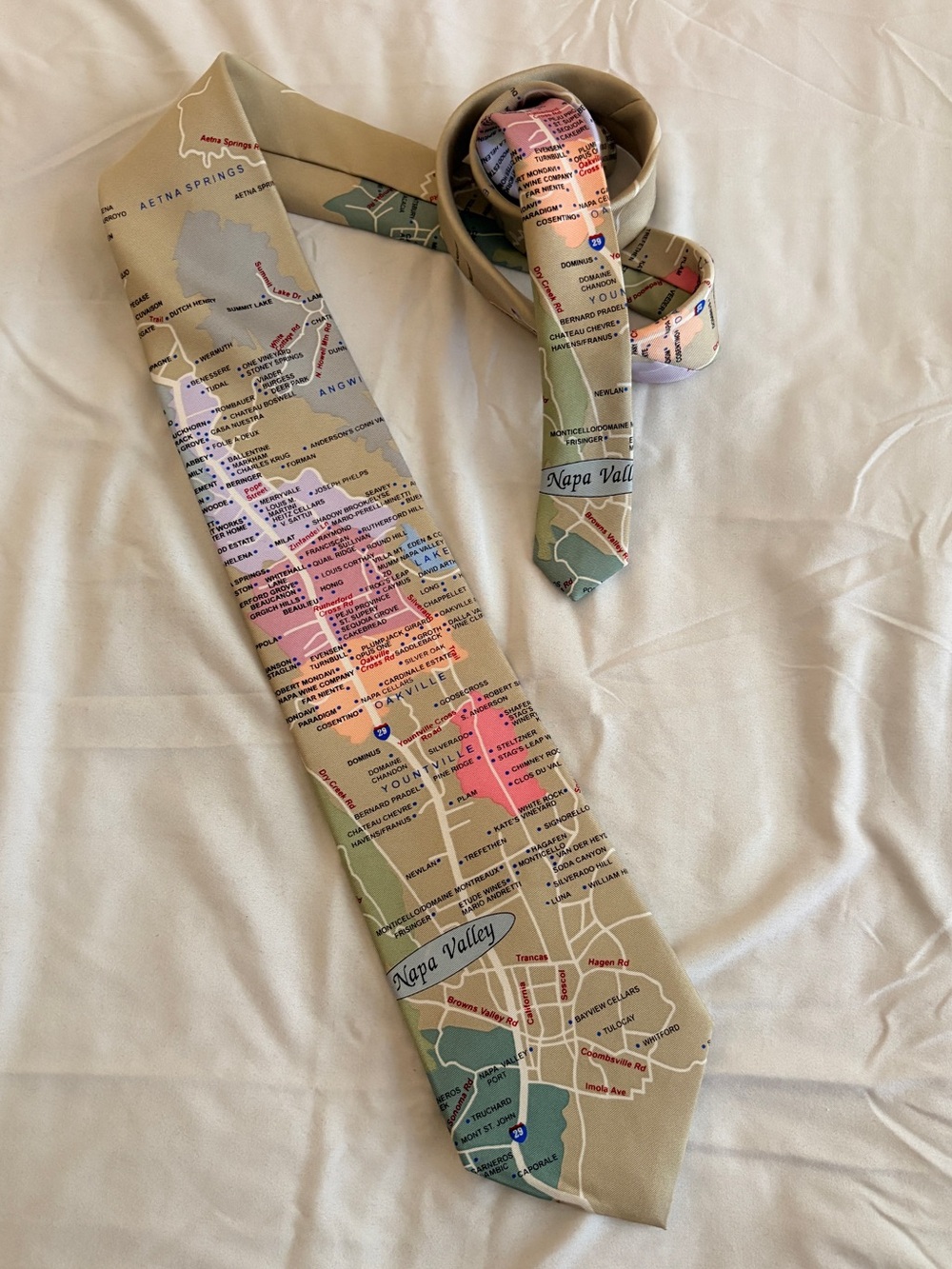 Napa Valley Wine Appellation Map-Print Silk Tie Beige Josh Bach Vintage Calif